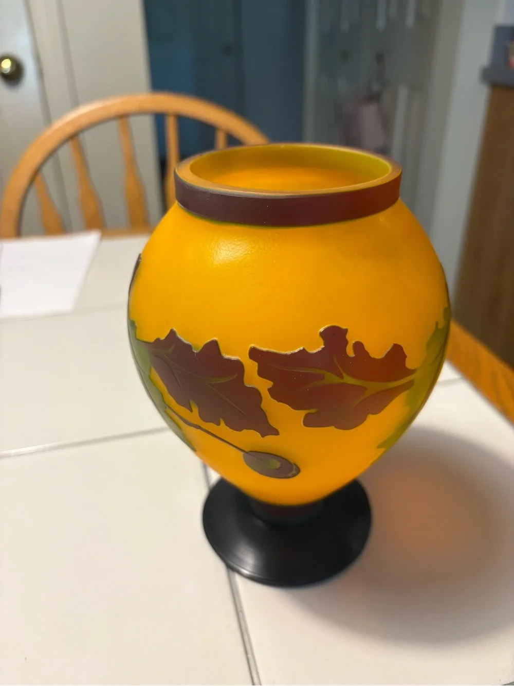 Hand-Painted Amber Glass Vase with Oak Leaf Motif